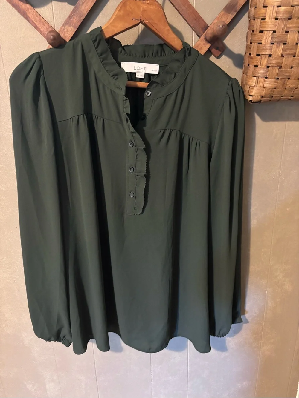 LOFT Dark Olive Ruffle-Trim Henley Blouse